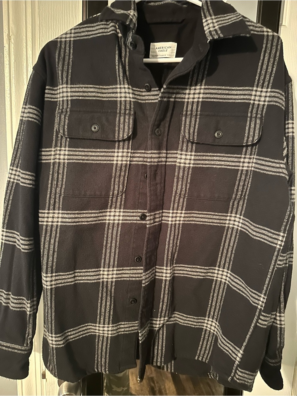 American Eagle Outfitters Black Plaid Shirt Jacket with White Windowpane